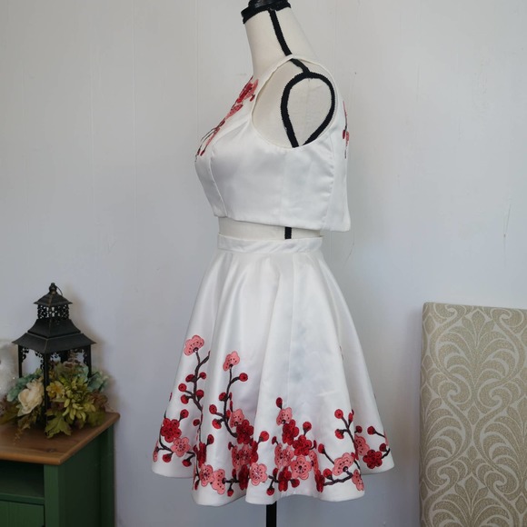 Blush Prom 2pc Skirt Set Size 0 White Red Pink Cherry Blossom Floral Embroidered - Picture 9 of 10
